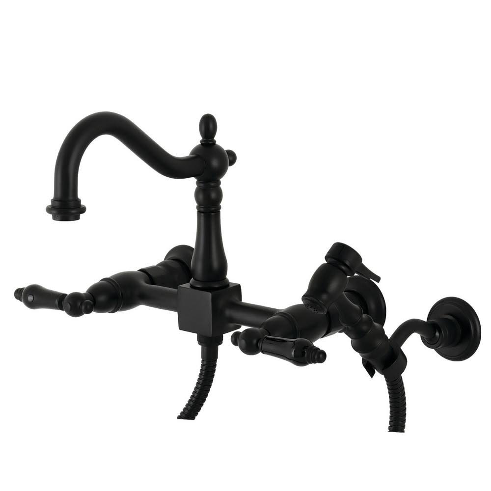 Matte Black 2-Handle Wall-Mount Kitchen Faucet with Side Sprayer Q14699
