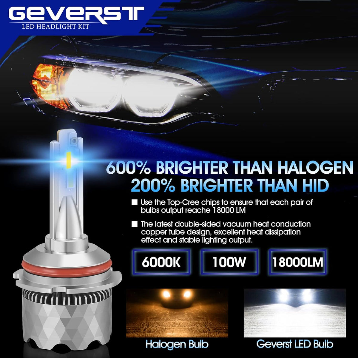 100W H13/9008 LED Headlight Bulbs, 6000K Cool White, IP68 Waterproof, Pack of 2 K92847