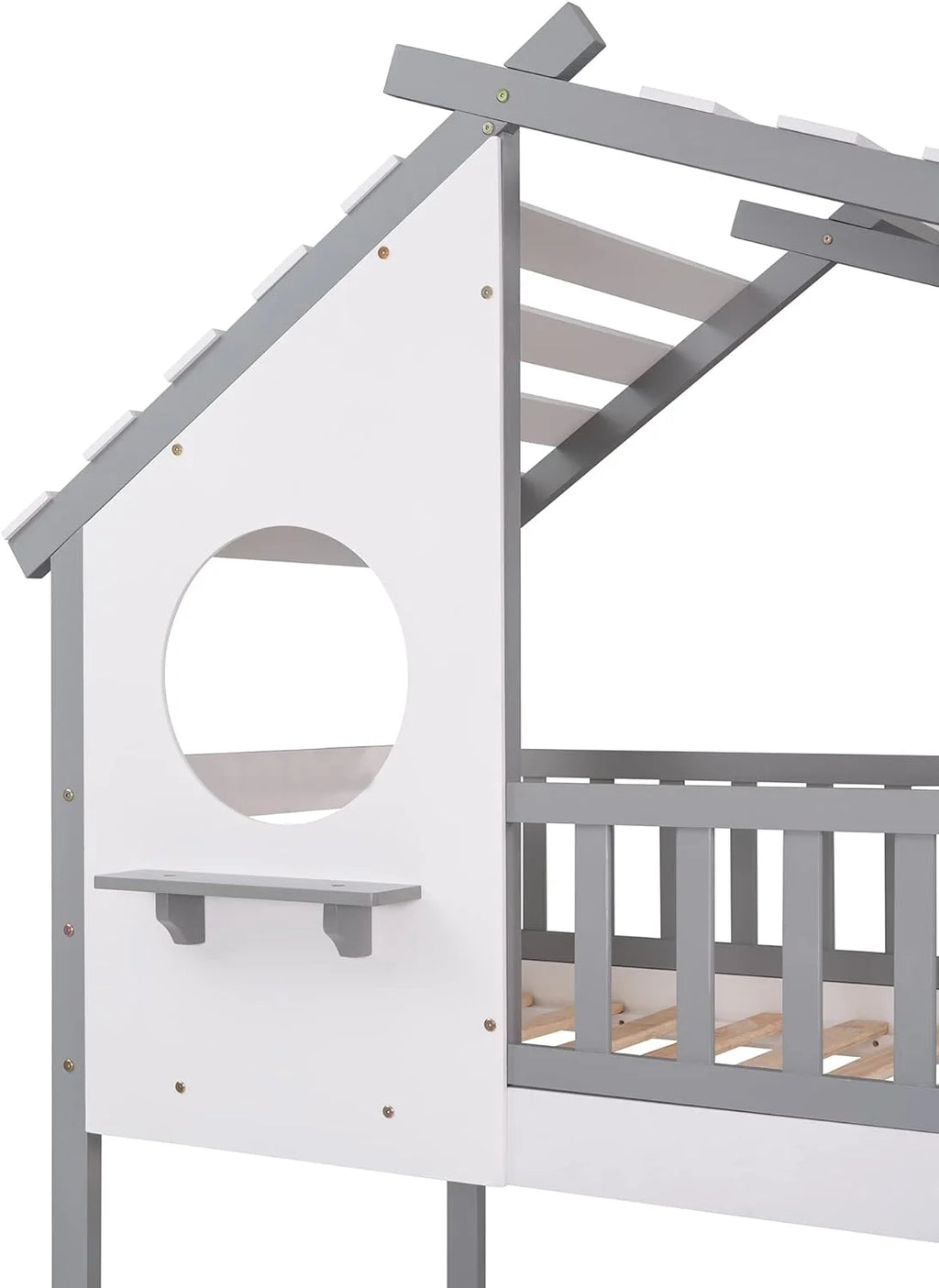 Gray Wood Kids House Bed with Roof and Ladder Q707301