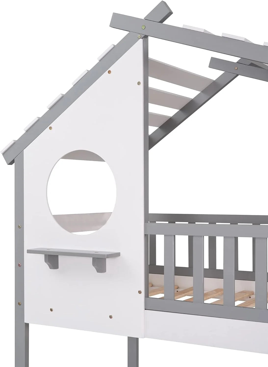 Gray Wood Kids House Bed with Roof and Ladder Q707301