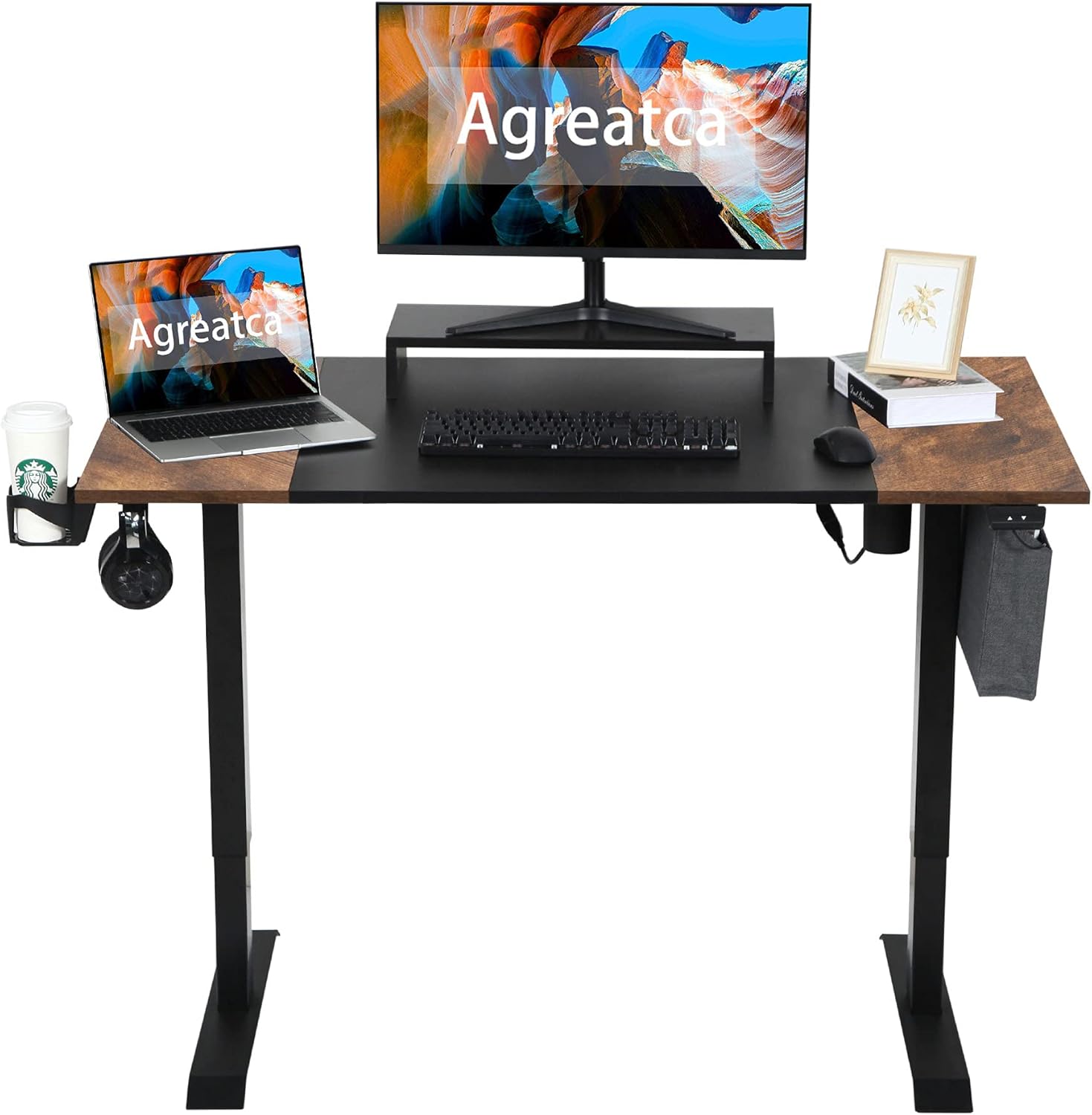 Electric Standing Desk Adjustable Height 55 x 28 Inch Sit Stand Desk with Desk Hooks Cable Management Tray Wood Monitor Stand File Bag Cup Holder K9506