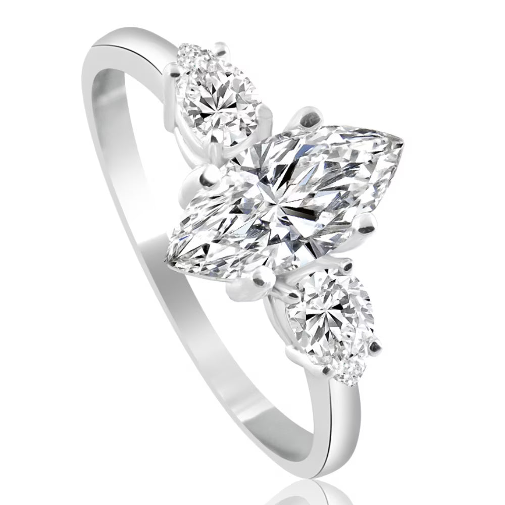 1 1/3Ct Marquise & Pear Shape Diamond 3 Stone Engagement Ring 14k Gold Lab Grown X838973
