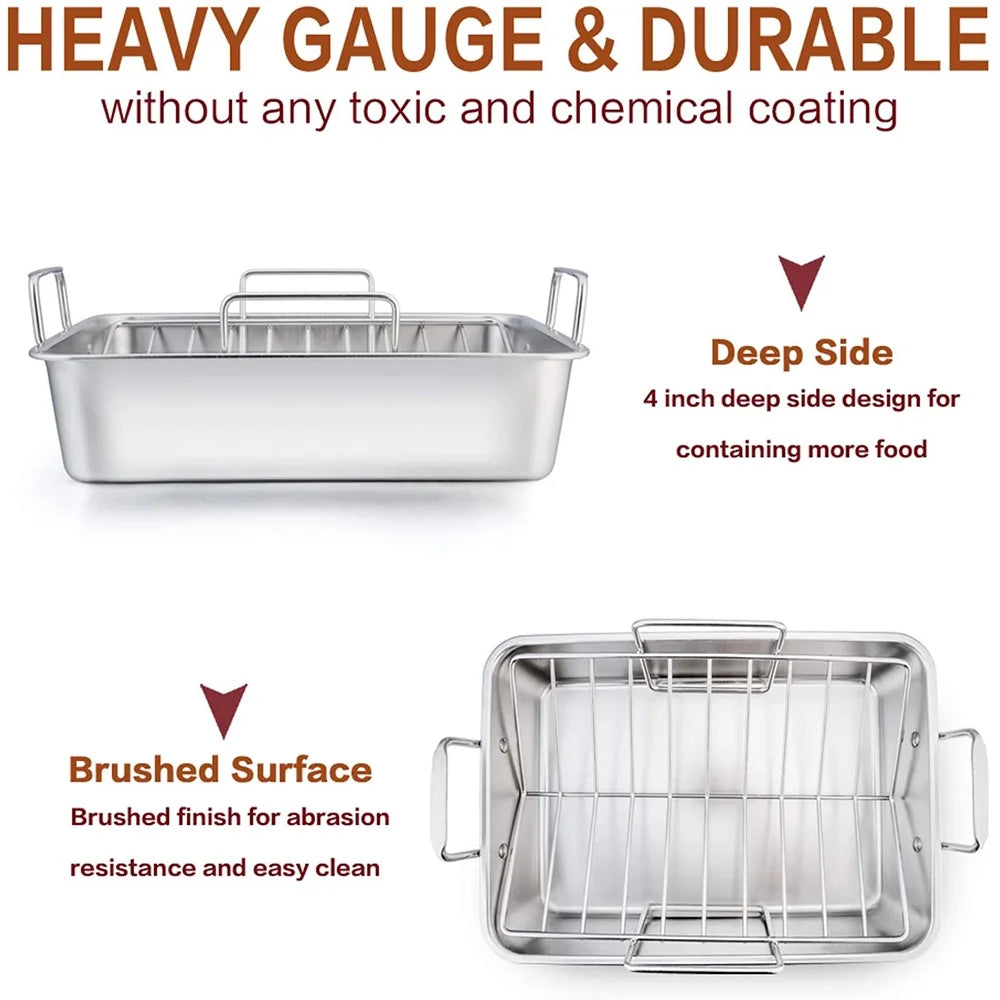 Stainless Steel Roasting Pan with Rack, 17'' x 11.5'' x 5.5'' O956