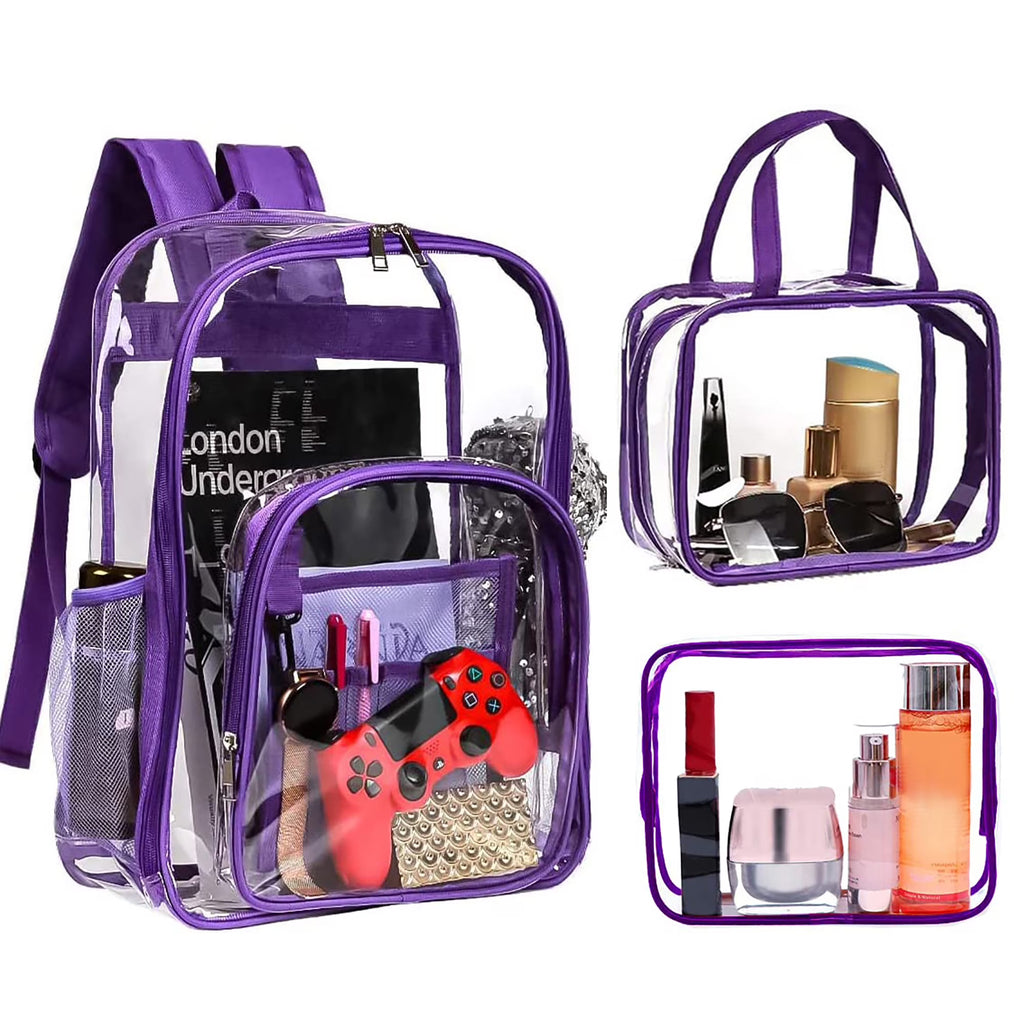 Purple 3pcs Waterproof Clear PVC Backpack Set with Reinforced Padded Straps G276