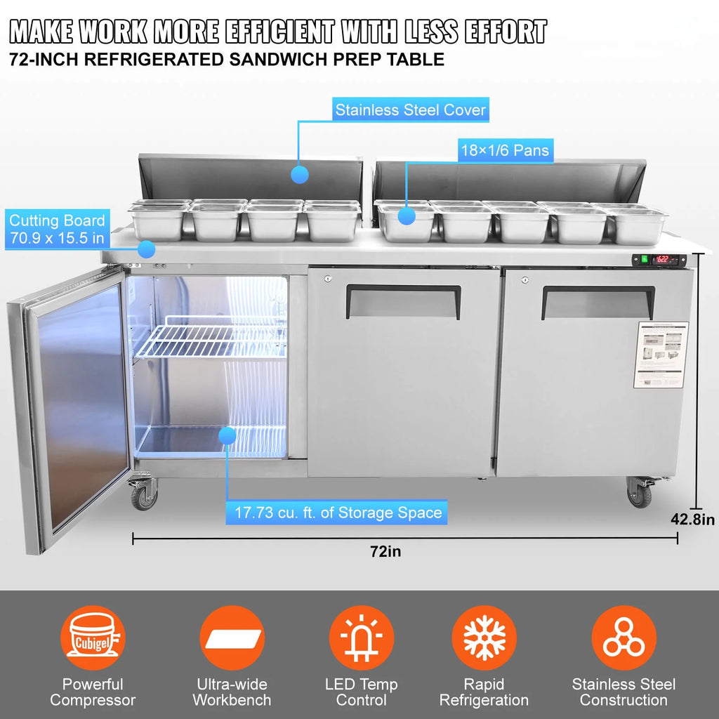 Refrigerated 72" Wide Sandwich Salad Prep Table 3 Doors Holds 18 Pans E733980