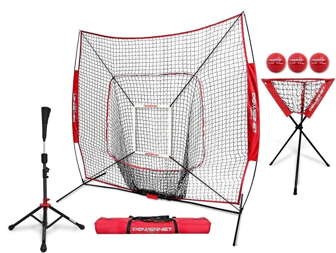 Red Baseball Softball Net with Strike Zone, 3 Training Balls, Tee Ball Caddy E643