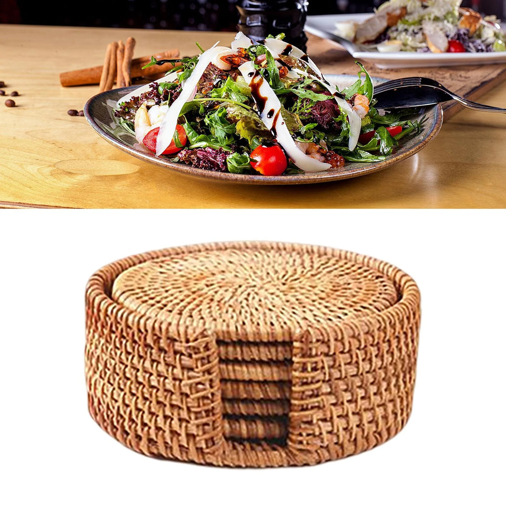 6x Round Rattan Coasters with Holder O520756