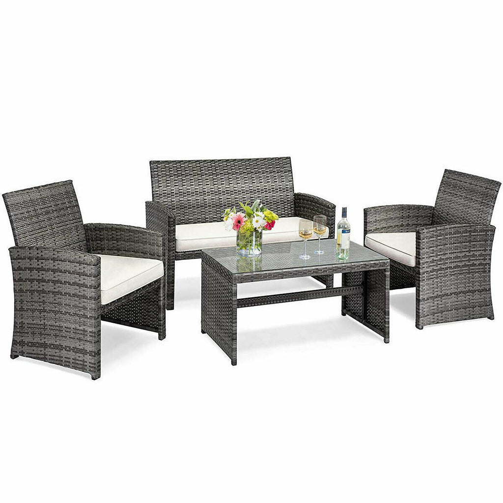 White Rattan Patio Furniture Set with Glass Table Top Cushioned Sofa E41089