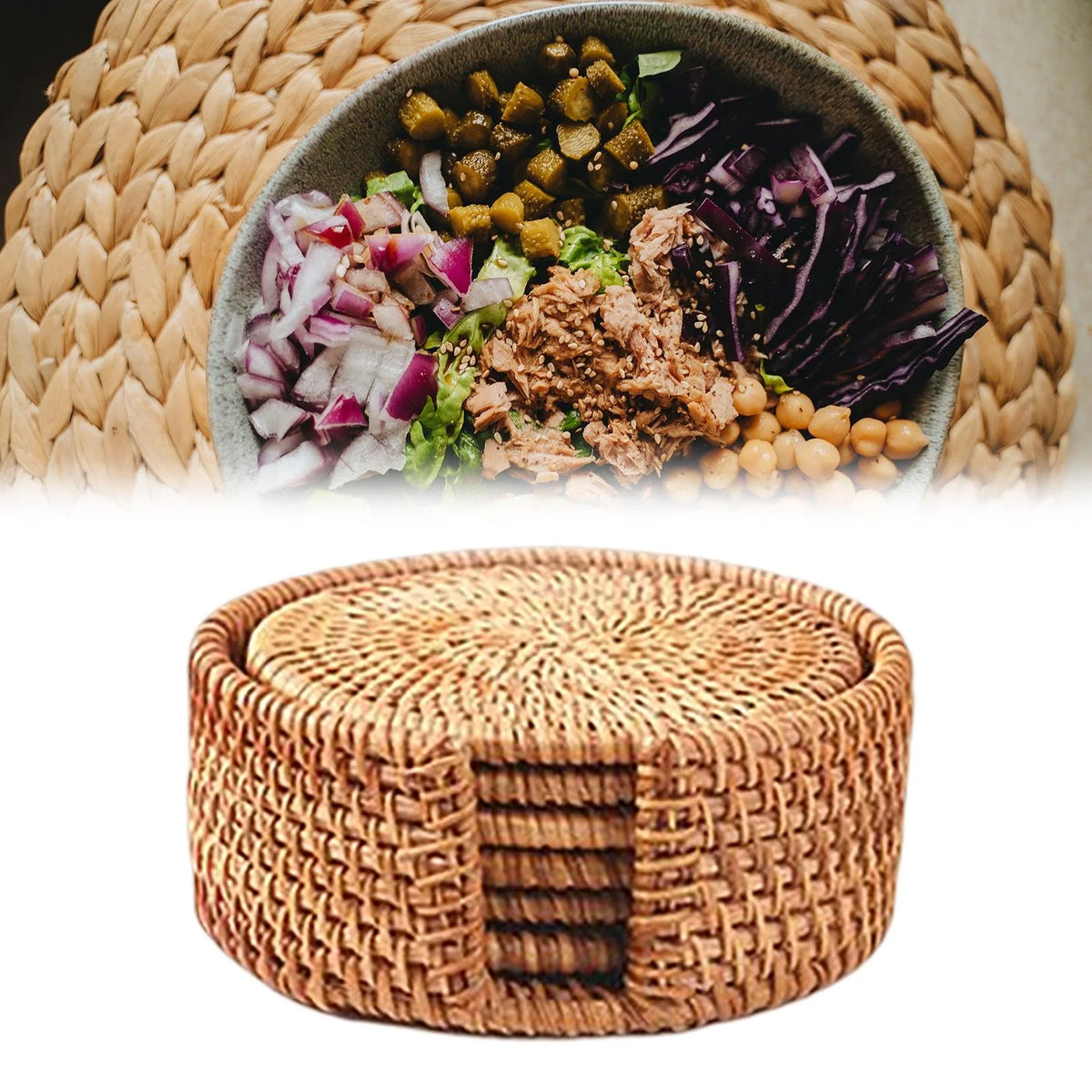 6x Round Rattan Coasters with Holder O520756