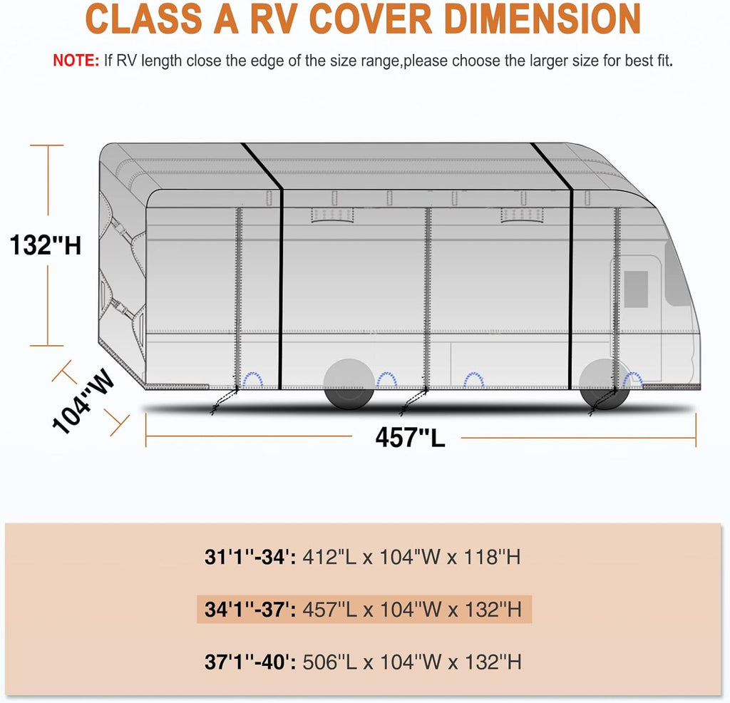 RV Cover for 34’-38’ Motorhome with 2Pcs Extra Straps & Gutter Spout Covers F542