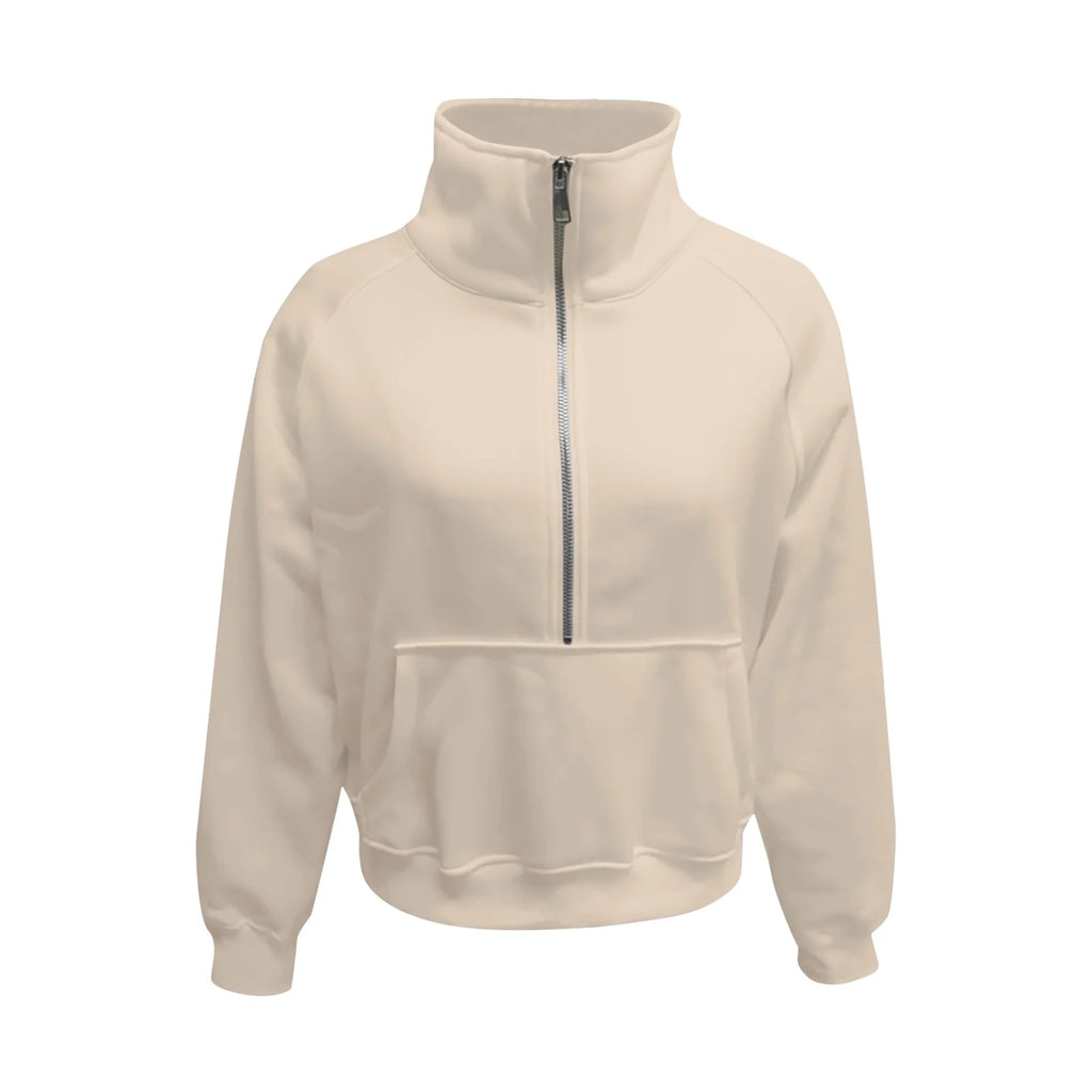 Beige Half Zip Hoodie Sweatshirt for Women J1836