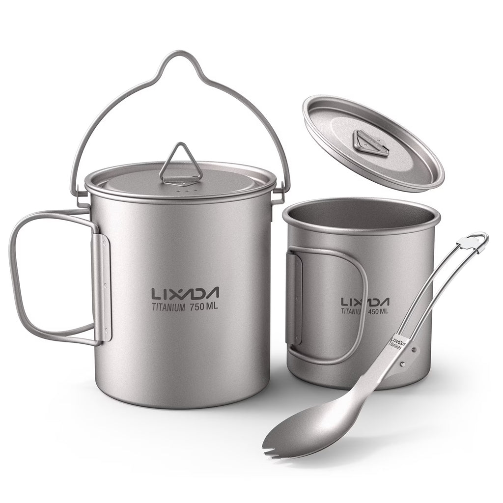 Titanium 3 Pieces Set 750ml Pot 450ml Cup with Lid Folding Spork S9763