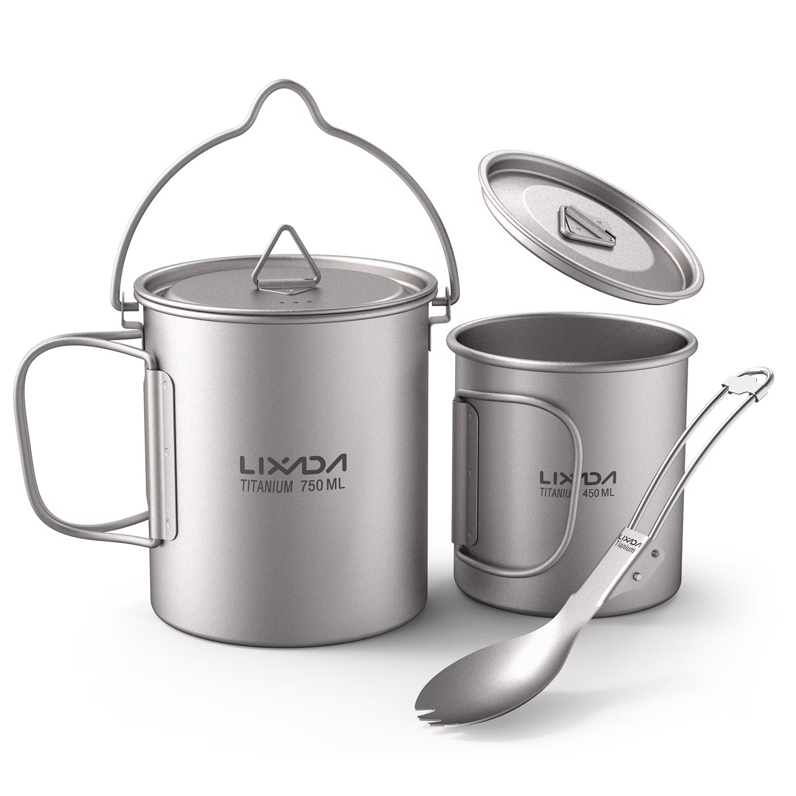 Titanium 3 Pieces Set 750ml Pot 450ml Cup with Lid Folding Spork S9763