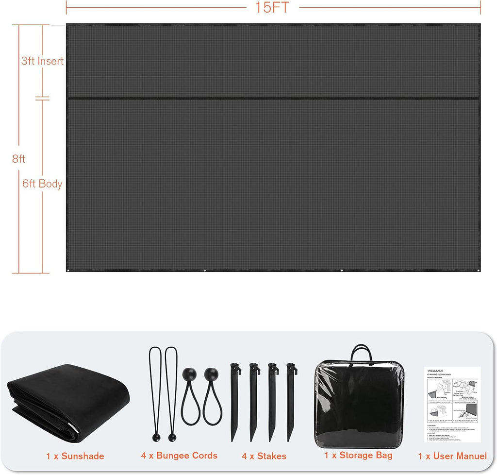 RV Awning Sun Shade Screen with Zipper, 9'X15' Black Mesh Camper Sunshade Y887