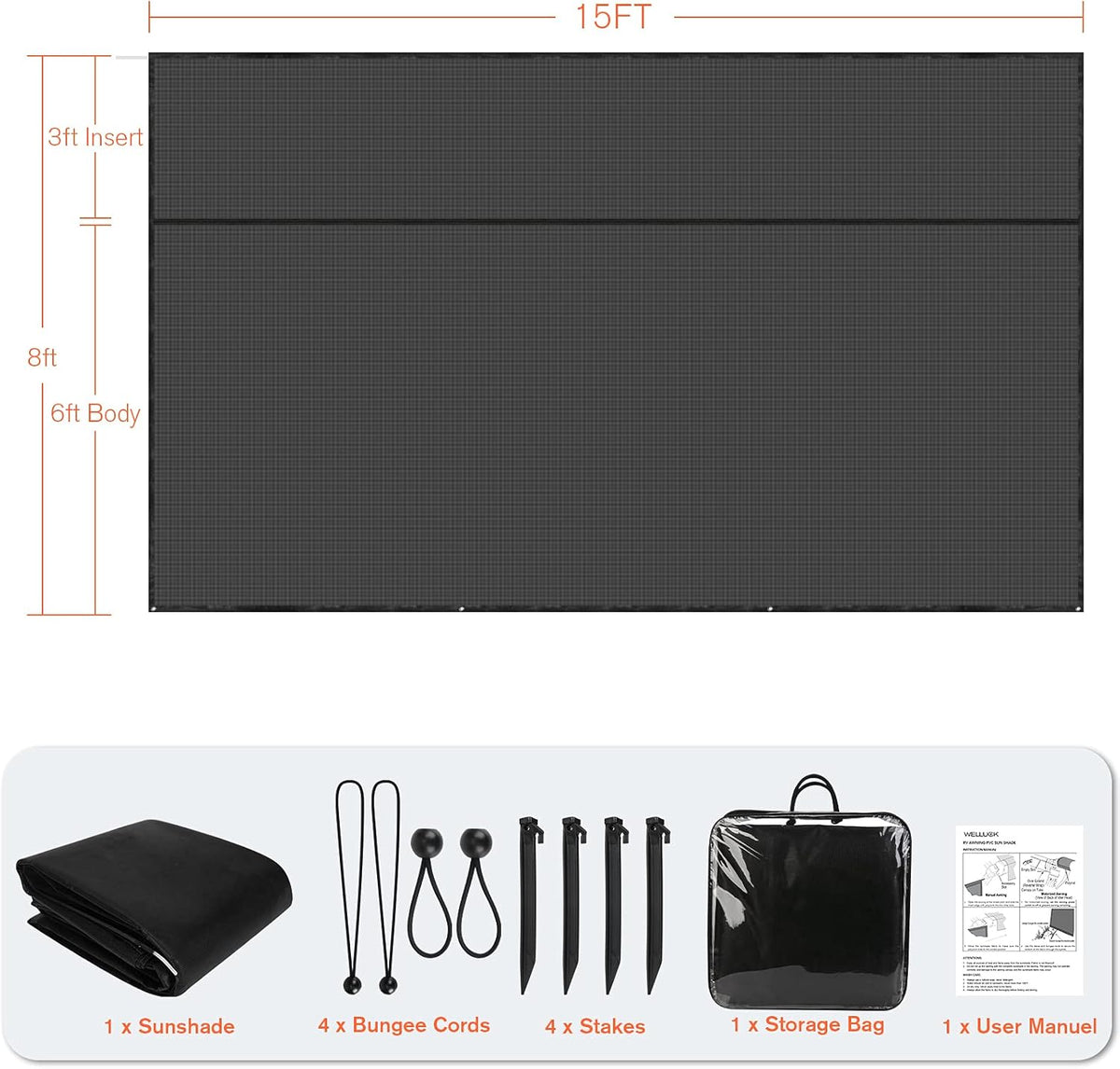 RV Awning Sun Shade Screen with Zipper, 9'X15' Black Mesh Camper Sunshade Y887