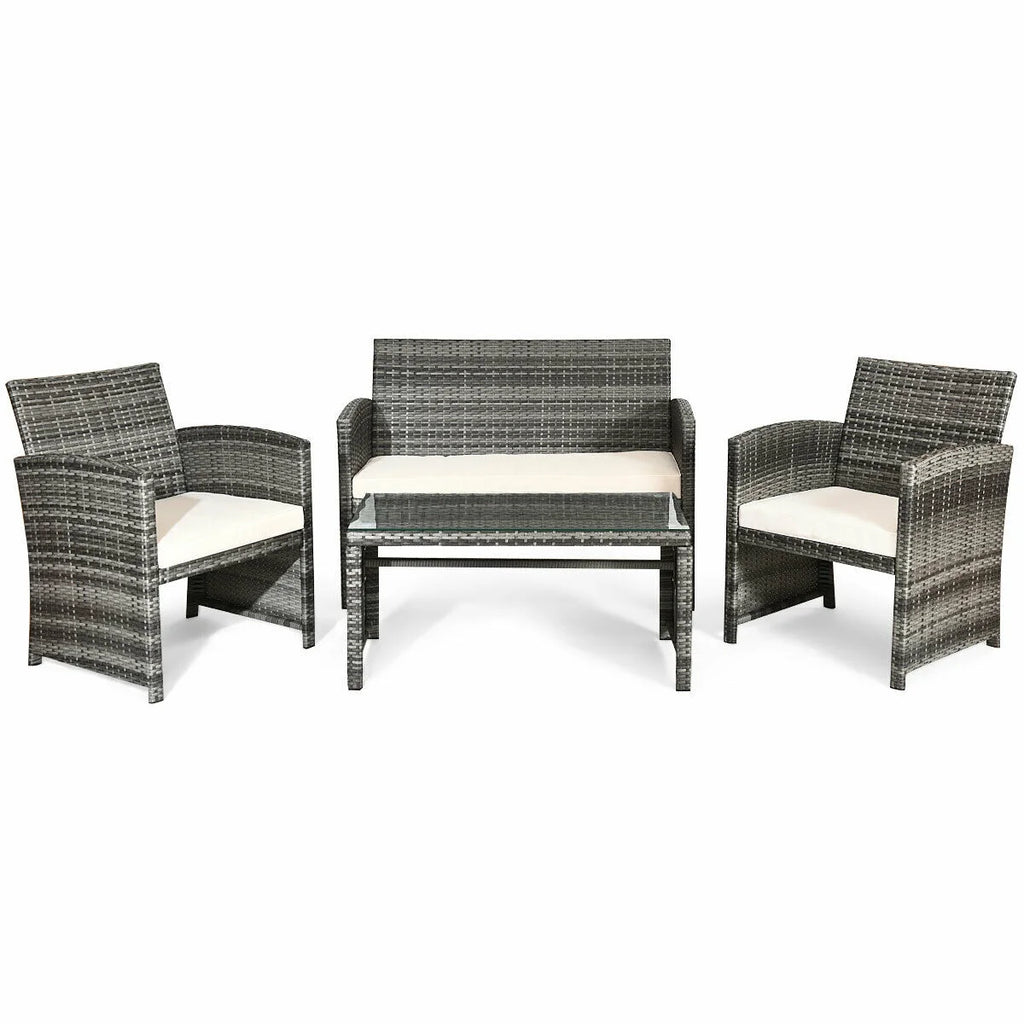 White Rattan Patio Furniture Set with Glass Table Top Cushioned Sofa E41089