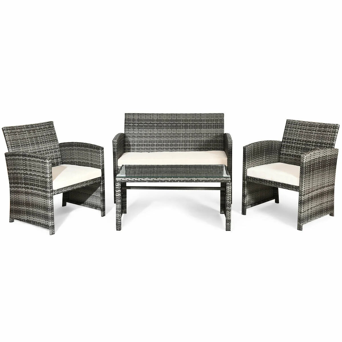 White Rattan Patio Furniture Set with Glass Table Top Cushioned Sofa E41089