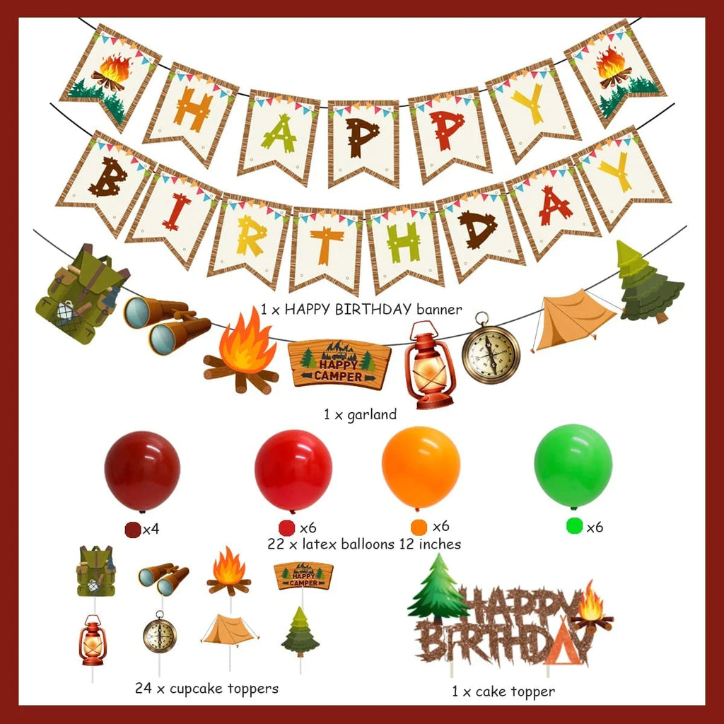 Camping Party Decoration Kit with Banner, Garland, Balloons, Cake Toppers D755