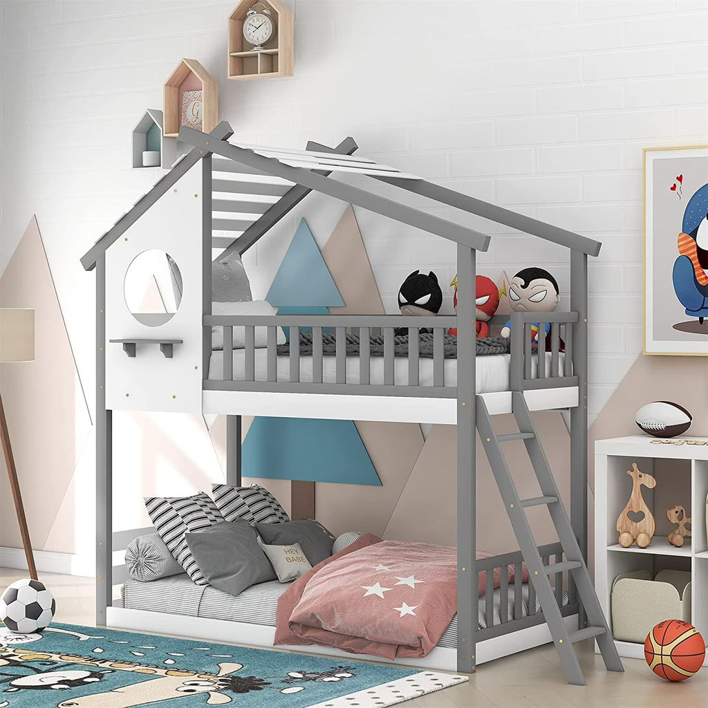 Gray Wood Kids House Bed with Roof and Ladder Q707301