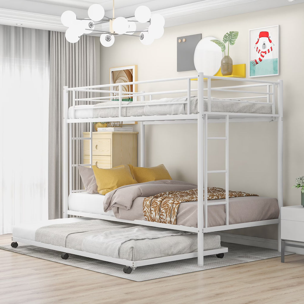 White Metal Twin over Twin Bunk Bed with Trundle R2572