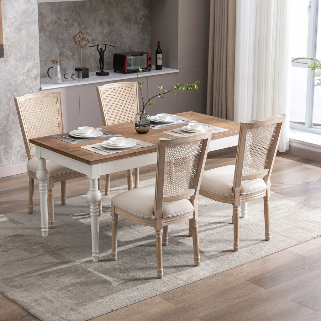 Cream Linen Fabric Rattan Back Dining Chair, Set of 2 K77266
