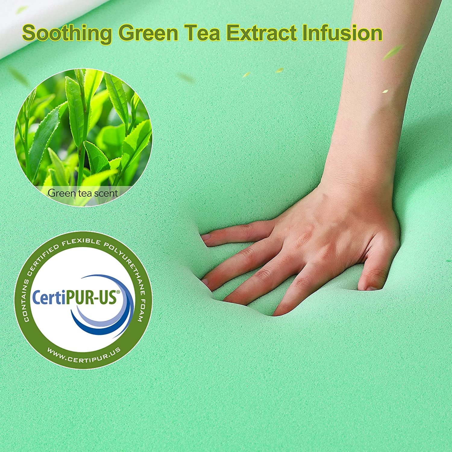 3 Inch Green Tea Memory Foam Mattress Topper with Zippered Bamboo Cover J377