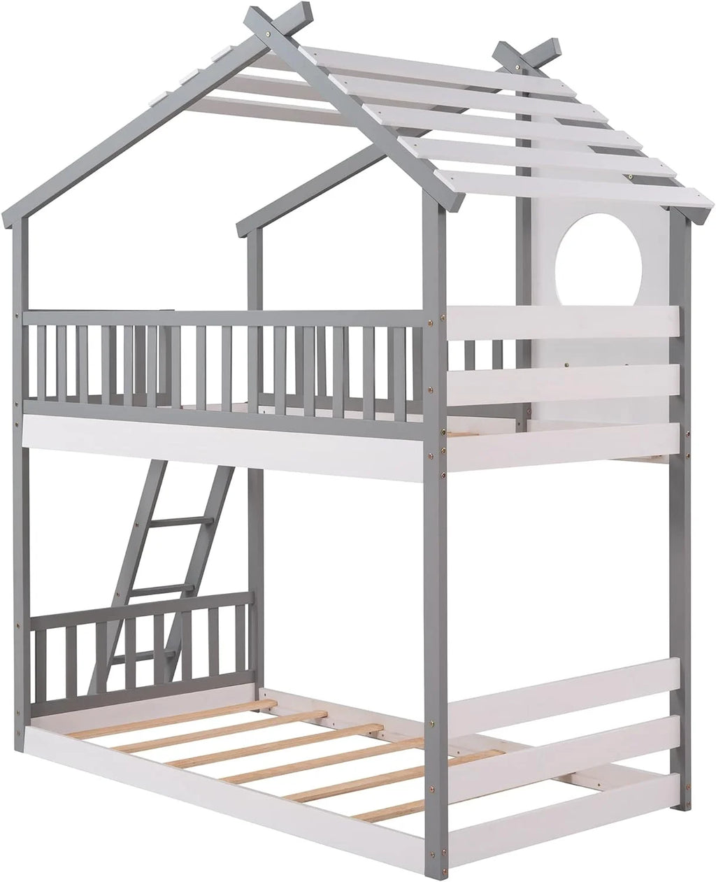 Gray Wood Kids House Bed with Roof and Ladder Q707301
