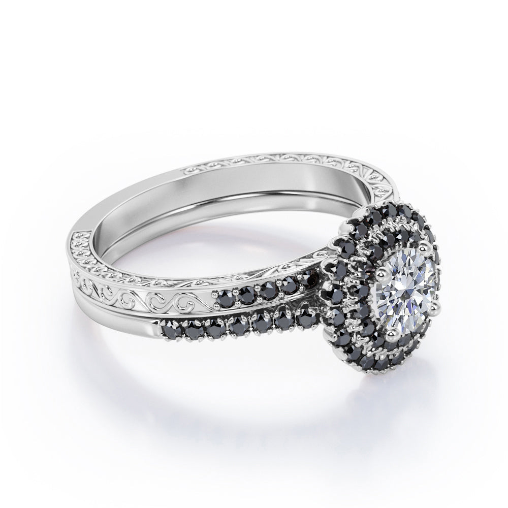18K White Gold Plated Silver Double Halo Wedding Ring Set Z243