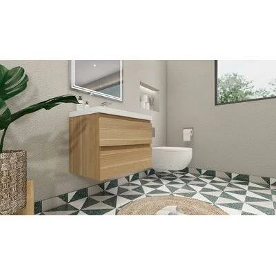 White Oak Wall-Mounted Single Bathroom Vanity Set U420873