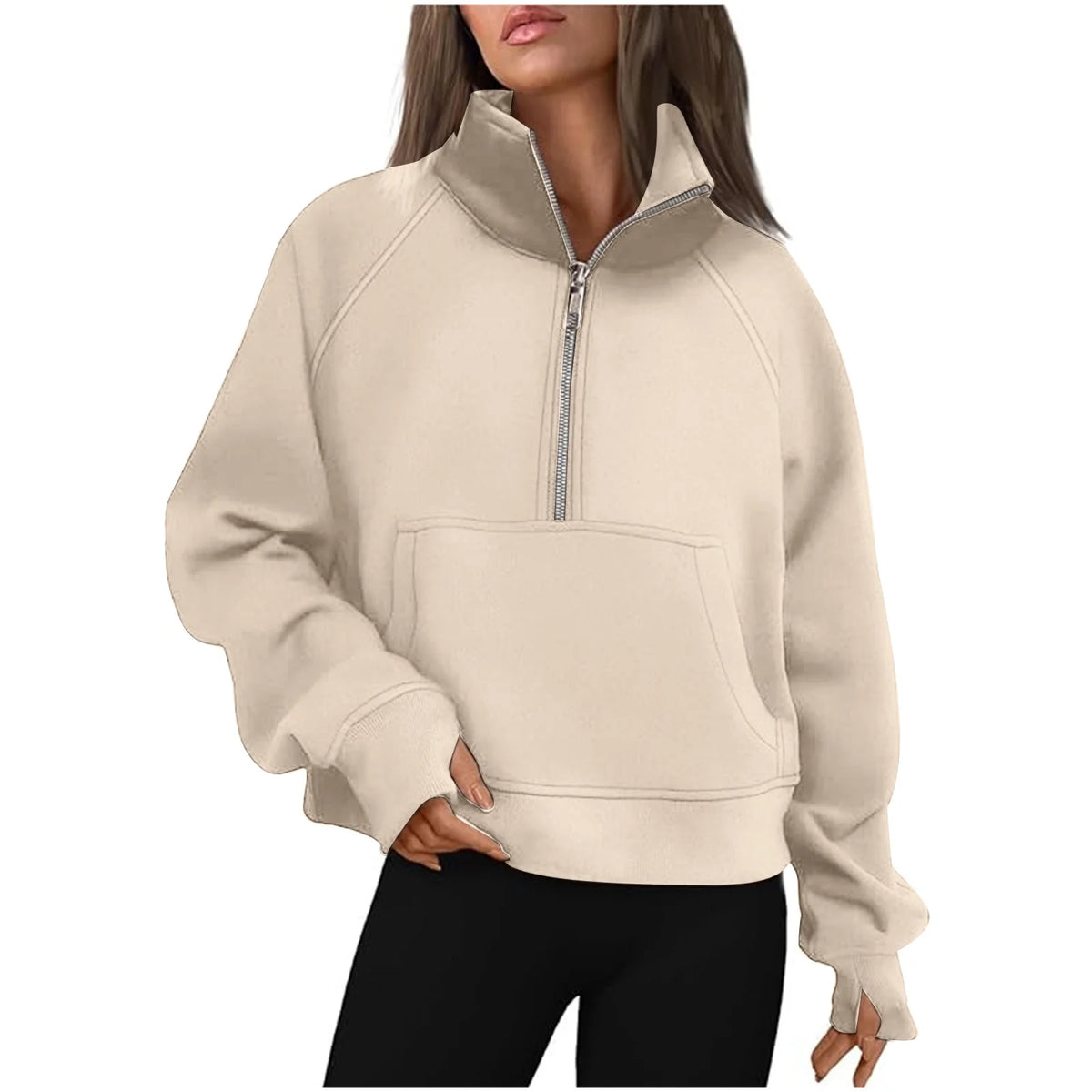 Beige Half Zip Hoodie Sweatshirt for Women J1836