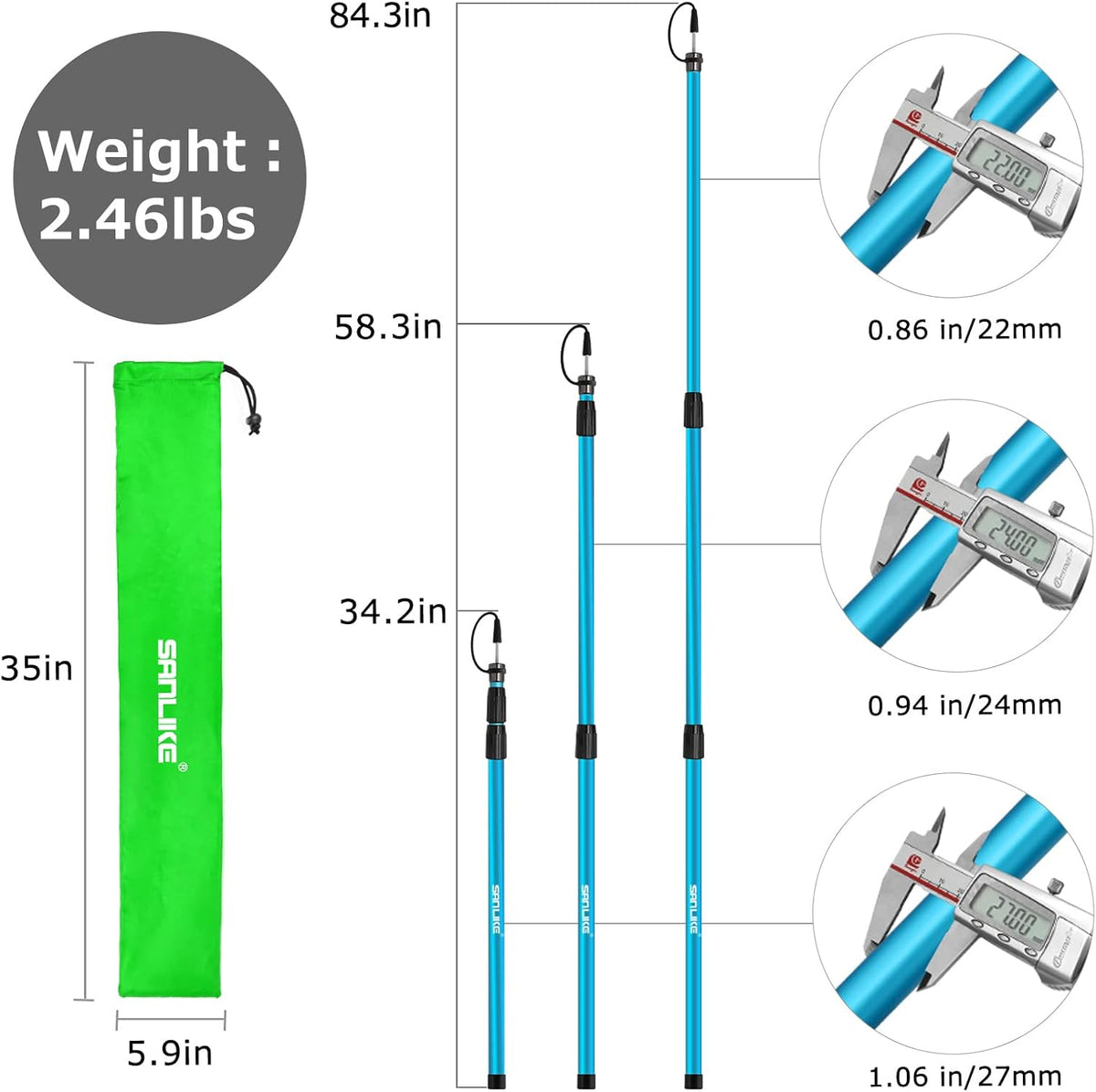 Aluminum Tarp Poles, Adjustable 80 inch, Set of 2 W2168