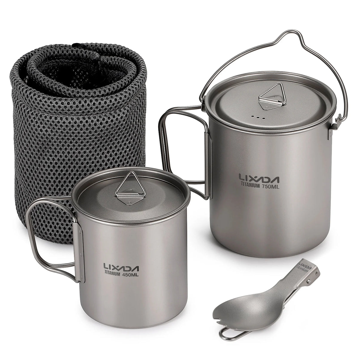 Titanium 3 Pieces Set 750ml Pot 450ml Cup with Lid Folding Spork S9763